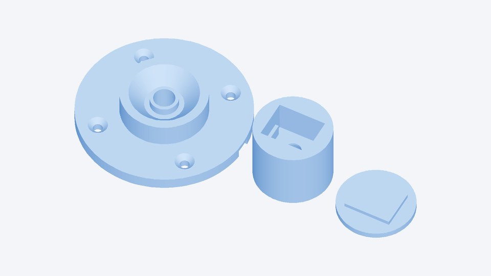 Die drei Druckteile nebeneinander: Fußplatte, Knauf und Deckel.