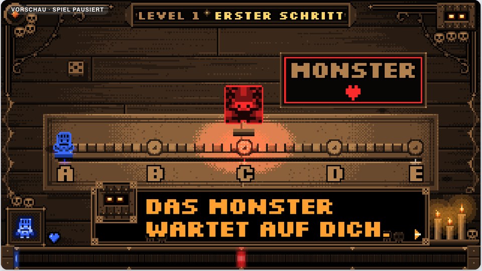 Der Zuschauer-Bildschirm: Level 1 als Brettspiel in Pixelgrafik, der blaue Held links, ein rotes Monster in der Mitte.